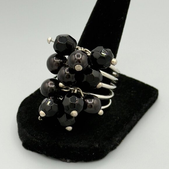 Multi-Band Silver Ring With Black Bead Cluster - Picture 2 of 9